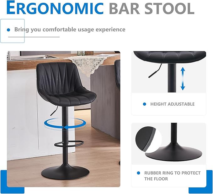 YOUNIKE Bar Stools Set of 2 for Kitchen Island, Black Swivel Tall Bar Stools, Adjustable Barstools with Back, Faux Leather Padded Stools, Modern Counter Height Bar Chairs with 300LBS Support