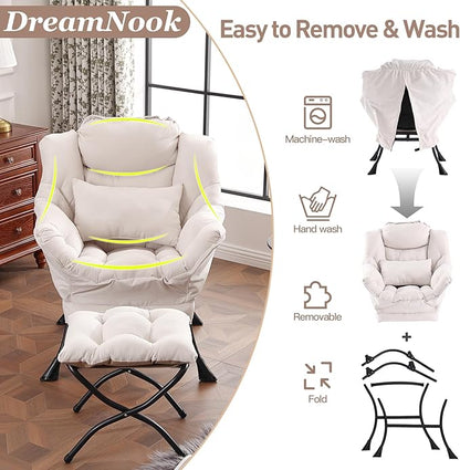 Lazy Chair with Ottoman, Modern Accent Chair with Lumbar Pillow, Comfy Chairs with Folding Footrest for Bedroom, Reading, Oversized Supportive Lounge Chairs(Beige)