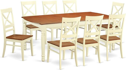 East West Furniture DOQU9-WHI-W 9 Piece Dining Set Includes a Rectangle Dining Room Table with Butterfly Leaf and 8 Kitchen Chairs, 42x78 Inch, Buttermilk & Cherry