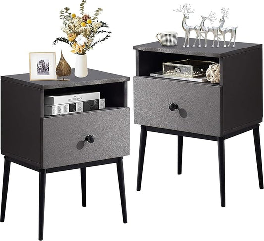 VECELO Modern Nightstands Set of 2,Square End Side Table with Drawer and Storage Space for Bedroom and Living Room