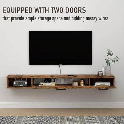 Pmnianhua Farmhouse Floating TV Stand with 2 Doors,55'' Under TV Shelf Floating,Wall Mounted TV Shelf,Rustic Floating TV Console for Under TV(Rustic Brown)