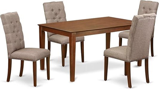 East West Furniture CAEL5-MAH-16 5 Piece Dining Table Set for 4 Includes a Rectangle Kitchen Table and 4 Dark Khaki Linen Fabric Parsons Dining Chairs, 36x60 Inch, Linen White