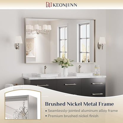 Keonjinn 72 x 36 in Brushed Nickel Mirror for Bathroom Sink, Rectangular Metal Framed Vanity Wall Mirror Square Corner Aluminum Alloy Modern Rectangle Silver Mirror for Over Sink(Horizontal/Vertical)