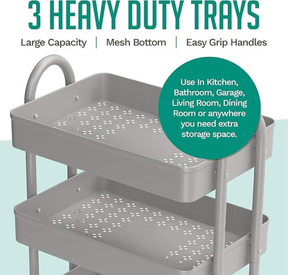 KoolerThings 3-Tier Rolling Metal Storage Organizer - Mobile Utility Rolling Storage Cart, Kitchen Cart with Caster Wheels (Grey)