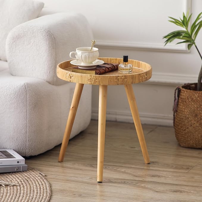 Round Rattan Side Table for Small Spaces, Boho Circle End Table Coffee Table with Solid Wood Leg for Living Room, Bedroom, Corners