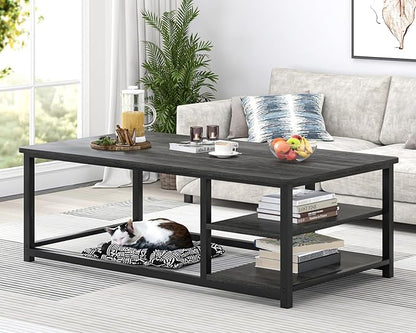 EXCEFUR Coffee Table, Rustic Wood and Metal Living Room Table with Adjustable Storage Shelf, Dark Grey, 47 Inch