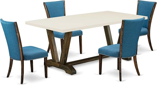 East West Furniture V727VE721-5 5 Piece Modern Dining Table Set Includes a Rectangle Wooden Table with V-Legs and 4 Blue Color Linen Fabric Upholstered Chairs, 40x72 Inch, Multi-Color