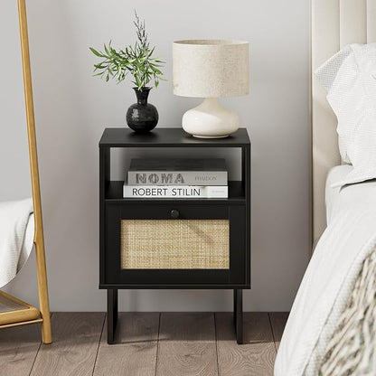 Masupu Rattan Nightstand,Modern Boho Farmhouse Wood Bedside Table with Storage Drawer and Open Shelf,Small Black Frame Side End Table for Bedroom,Living Room,Office (Black)