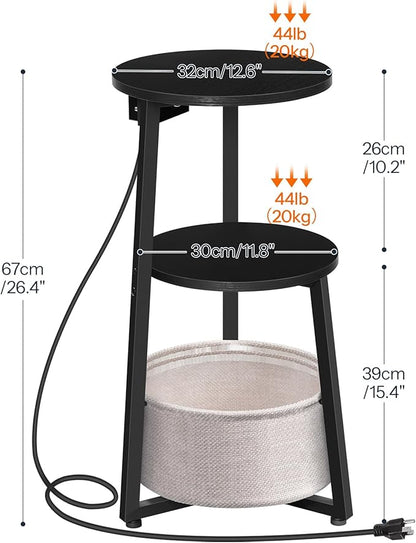 HOOBRO Small Round Side Table with Charging Station, Round End Accent Table with Fabric Storage Basket, Compact Circle Nightstand for Small Space in Living Room, Bedroom, Black BB169UBZ01