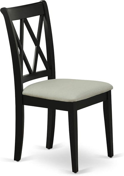 East West Furniture SHCL3-BLK-C 3 Piece Modern Dining Table Set Contains a Round Kitchen Table with Pedestal and 2 Linen Fabric Kitchen Dining Chairs, 42x42 Inch, Black