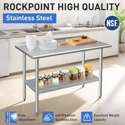 ROCKPOINT Stainless Steel Table for Prep & Work with Backsplash 24x24 Inches, NSF Metal Commercial Kitchen Heavy Duty Table with Adjustable Under Shelf and Table Foot for Restaurant, Home and Hotel