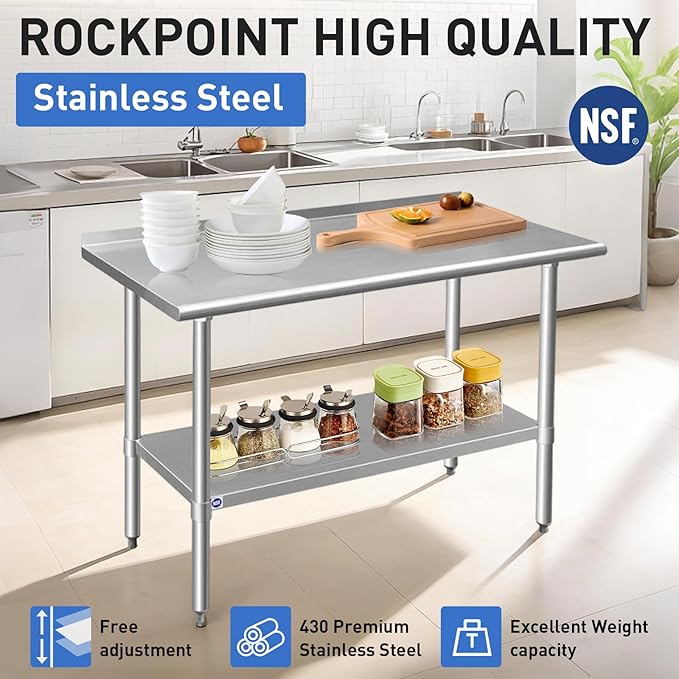 ROCKPOINT Stainless Steel Table for Prep & Work with Backsplash 14x72 Inches, NSF Metal Commercial Kitchen Heavy Duty Table with Adjustable Under Shelf and Table Foot for Restaurant, Home and Hotel