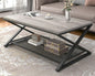 LVB Gray Coffee Table with Storage, Farmhouse Metal Wood 2 Tier Center Table for Living Room, Industrial Wooden Rectangular Concrete Tables with Mesh Shelf for Office Bedroom, 39 inch, Light Grey Oak