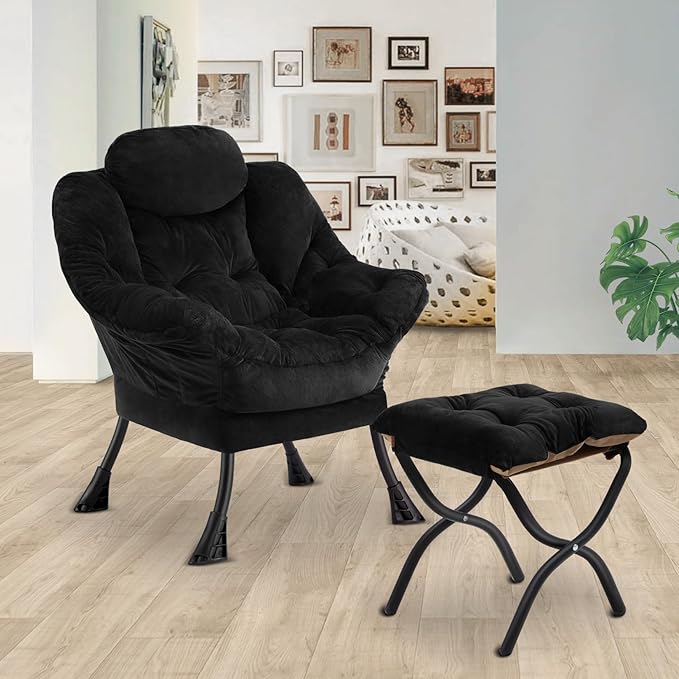Lazy Chair with Folding Ottoman,Leisure Sofa Chair,Soft Fabric Armchair with Armrests and Side Pockets, Reading Chair with Footrest for Living Room, Bedroom, Office (Plush Black)