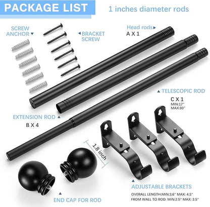 Curtain Rods for Windows 16 to 92 Inches, Curtain Rod Max Adjustable Length of 104 IN, 1" Diameter Drapery Rods Round Finials, Black, Pack of 1