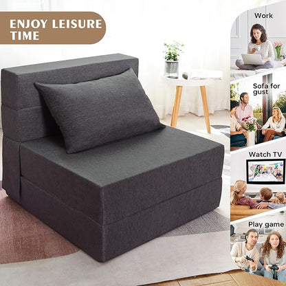 Folding Sofa Bed, Foldable Sleeper Chair with Pillow, Convertible Futon Sofa Bed with Washable Cover, Fold Out Couch for Living Room, Dorm, Guest Room, Single Size, Dark Grey