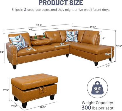 L Shaped Modular Sectional Sofa with Reversible Chaise Lounge, 5-Seater Corner Couch, PU Leather Convertible Sofá w/Movable Ottoman, Cup Holders, 2 Pillows and Rivet Ornament for Living Room