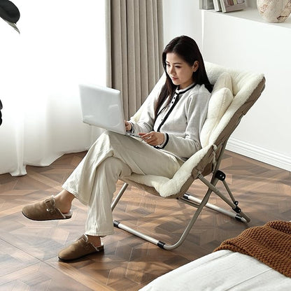 Welnow Comfy Saucer Chair, Oversized Folding Reading Chair for Adults with Throw Pillow Soft Faux Fur Lounge Chair for Bedroom Furry Accent Chair for Living Room, Dorm Rooms, Beige