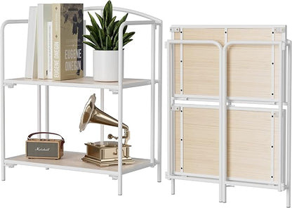 Crofy No Assembly Folding Bookshelf for Living Room, 2 Tier White Collapsible Book Shelf for Home Office, Portable Bookcase Storage Organizer