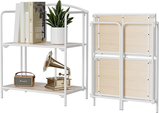 Crofy No Assembly Folding Bookshelf for Living Room, 2 Tier White Collapsible Book Shelf for Home Office, Portable Bookcase Storage Organizer
