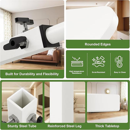 C Shaped End Table for Couch, Adjustable Height Couch Side Table, Horizontal 360°Swivel Small TV Tray Table Couch Side Tables That Slide Under (White)