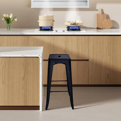 30 Inches Metal Bar Stools, High Backless Stools, Indoor Outdoor Stackable Kitchen Stools, Set of 4, Dark
