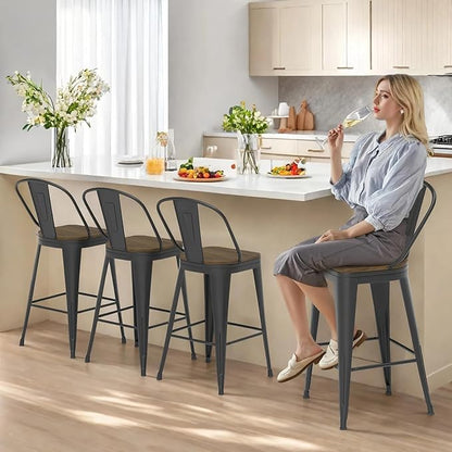 26” Swivel Bar Stools Set of 4, Counter Height Bar Stools Wooden Seat, Metal Industrial Bar Chairs with High Back for Kitchen Island (Black)