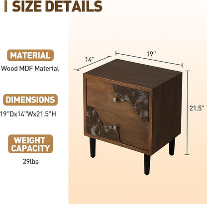 COSIEST Nightstand Set of 2, Mid Century Modern End Table with 2 Storage Drawers, Accent Side Table, Vintage Wood Luxury Night Stand for Bedroom, Living Room, Walnut