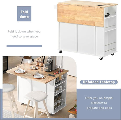 Merax Rubber Wood Kitchen Island with Adjustable Storage, Rolling Kitchen Storage Cart with Drop Leaf, Open Storage, Wine Rack, 5 Wheels for Home, Kitchen, Dining Room, White