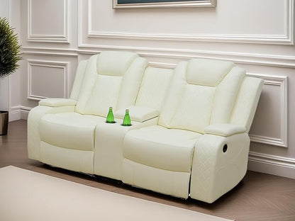 Loveseat Recliner Sofa, Reclining Loveseat Leather Couch with Storage Console, Modern Comfy Home Theater Seating Power Recliner Chair with Cup Holders for Living Room Furniture Sets, White