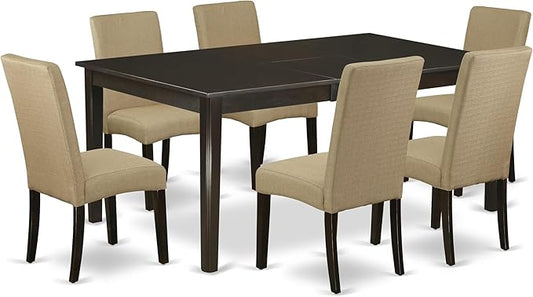 East West Furniture HEDR7-CAP-03 7 Piece Kitchen Table & Chairs Set Consist of a Rectangle Dining Table with Pedestal and 6 Brown Linen Fabric Parson Chairs, 42x72 Inch, Cappuccino