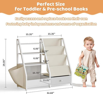 Kids Bookshelf and Toy Storage - Kids Book Shelf for Kids Rooms, Toddler Bookshelf Baby Bookcase for Nursery, Montessori Toy Organizer, White