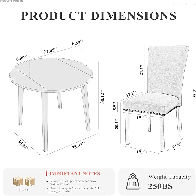 COLAMY 3-Piece Extendable Dining Table Set for 2, 36" Kitchen Round Wood Table with 2 Nailhead Dining Room Chairs,Light Brown/White&Grey Flower