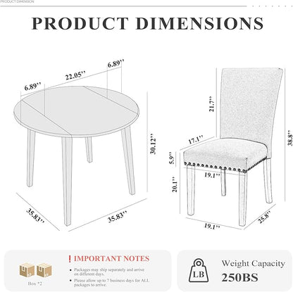 COLAMY 3-Piece Extendable Dining Table Set for 2, 36" Kitchen Round Wood Table with 2 Nailhead Dining Room Chairs,Light Brown/White&Blue Flower