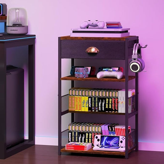 4-Tier AV Media Stand with Drawer, Video Game Console Shelf with 2 Hooks, Audio Rack Tower Perfect for/Xbox/ PS5/Switch/Game Consoles/DVD/Record Player/Projector/Sky Box/TV Accessories