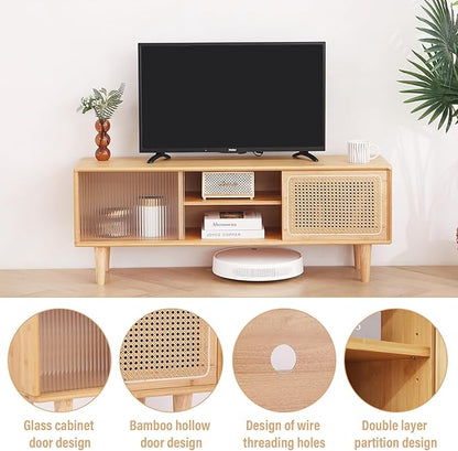 Tiita Rattan TV Stand for 55 Inch TV, Bamboo TV Cabinet with Adjustable Shelf and Storage, Boho Entertainment Center, Mid Century Modern Media Console for Bedroom, Living Room, Study (Natural)