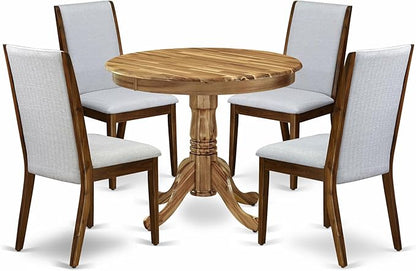 East West Furniture ANLA5-ANA-05 5 Piece Dining Room Table Set Includes a Round Kitchen Table with Pedestal and 4 Grey Linen Fabric Parson Dining Chairs, 36x36 Inch, Natural