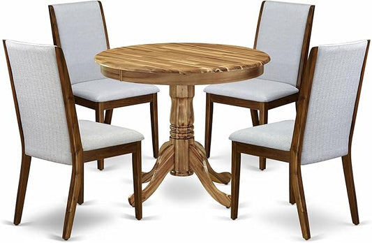 East West Furniture ANLA5-ANA-05 5 Piece Dining Room Table Set Includes a Round Kitchen Table with Pedestal and 4 Grey Linen Fabric Parson Dining Chairs, 36x36 Inch, Natural