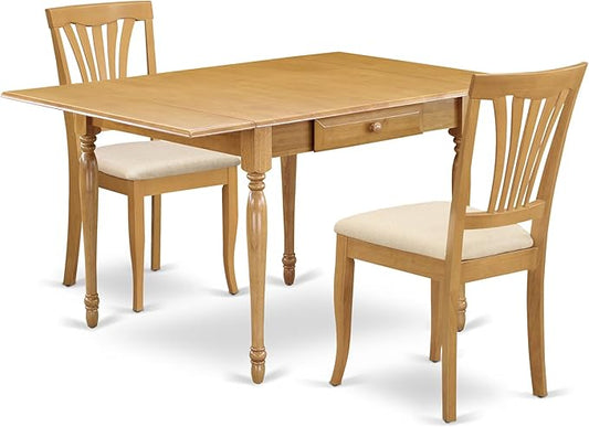 East West Furniture MZAV3-OAK-C 3 Piece Dining Room Furniture Set Contains a Rectangle Kitchen Table with Dropleaf and 2 Linen Fabric Upholstered Dining Chairs, 36x54 Inch, Oak