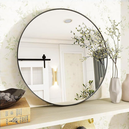 Black Round Bathroom Mirror, 20 inch Circle Wall Mounted Hanging Mirror with Simple Modern Circular Metal Frame for Hallway, Entryway, Living Room, Black Frame