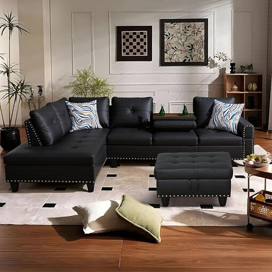 L Shaped Sectional Couch with Cup Holders, 97" Sectional Sofa for Living Room Modular Couches with Otttoman for Bedroom, Apartments