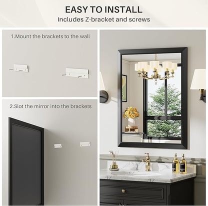 24x36 Inch Black Bathroom Mirror for Wall, Thick Metal Framed Rectangle Mirrors for Over Sink, Bedroom, Living Room, Entryway, Anti-Rust, HD Tempered Glass