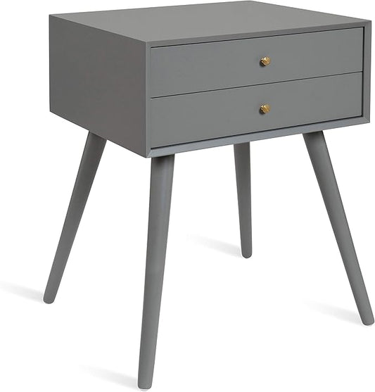 Kate and Laurel Finco Midcentury Modern Style Side Table with 2 Drawers, Gray Finish with Brass Hardware