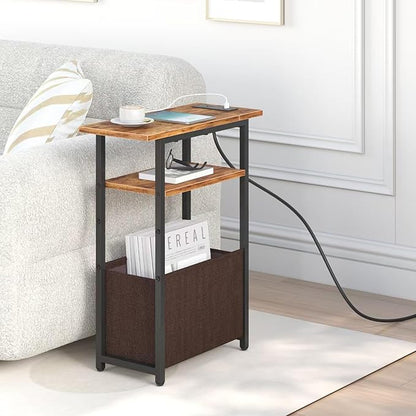 Narrow Side Table with Charging Station, Small End Table for Small Spaces, Skinny Nightstands with Storage Basket, 3 Tier Sofa Couch Bedside Tables for Living Room,Bedroom, Rustic Brown