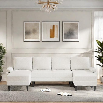 115 Inch U Shaped Sectional Couch with Chaise, 5-Seat Sofa with Moveable Ottoman, Modern Modular Sofa for Living Room, Apartment, Off-White