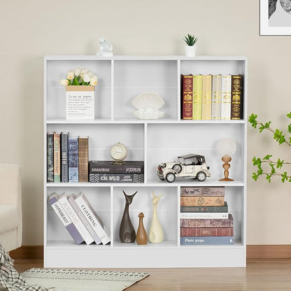 YAHARBO White 3 Tier Bookshelf,Wide Modern Horizontal Bookcase,Wood Low Book Shelf,Wide Display Storage Cabinet with Base,Floor Standing 8 Cube Large Bookcases Organizer for Bedroom,Living Room,Office
