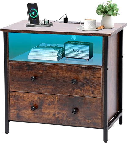 27 Inch Wide Night Stand, Large Wood Night Stand with 2 Drawers, LED Nightstand with Charging Station and Adjustable Drawer, Bedside Table for Living Room/Bedroom/Study/Office, Retro.