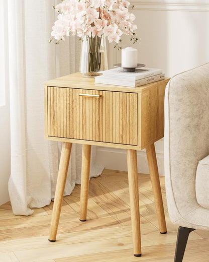 Night Stand, Oak Nightstand with Fluted Door, Small Modern Mid-Century Bedside Table for Bedroom, End Table for Living Room