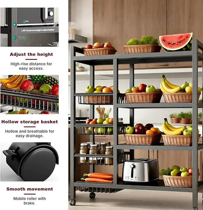4-Tier Versatile Metal Storage Rack,Vegetable Fruit Basket Kitchen Storage Rolling Cart on Wheels, Kitchen Storage Shelf with 4 Removable Mesh Baskets,Can be Used in Bedrooms,Kitchens,Living Rooms