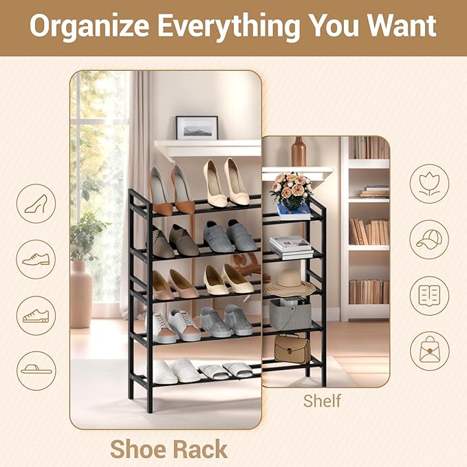 Haddockway Bamboo Shoe Rack for Closet, Free Standing Shoe Organizer with Smooth Round Rods & Convenient Handles, Stackable Shoe Storage Shelf for Entryway, Hallway(Black, 5-Tier)